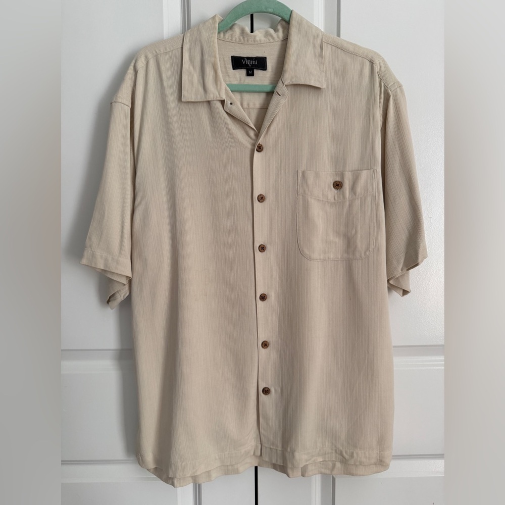 Vilini 100% Silk Short Sleeve Button Up Shirt Beige Textured Pocket Men’s M